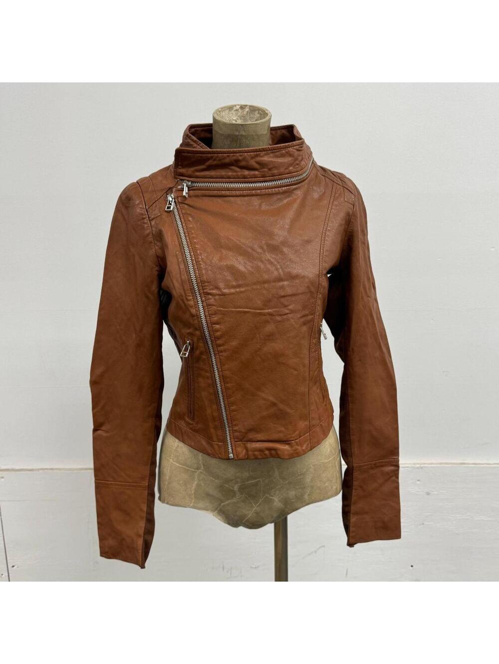 Vintage Tan Brown Funnel Neck Asymmetric Avant Garde Leather Jacket